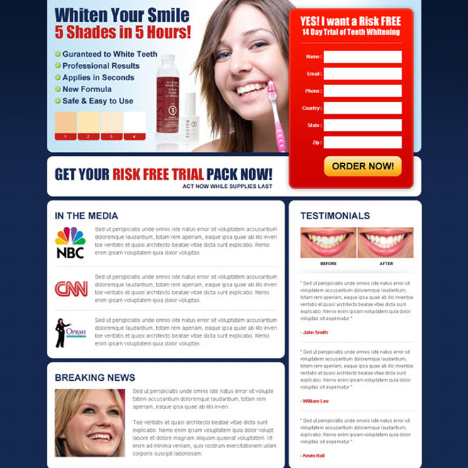 whiten your smile risk free trial kit lead capture html landing page design Teeth Whitening example