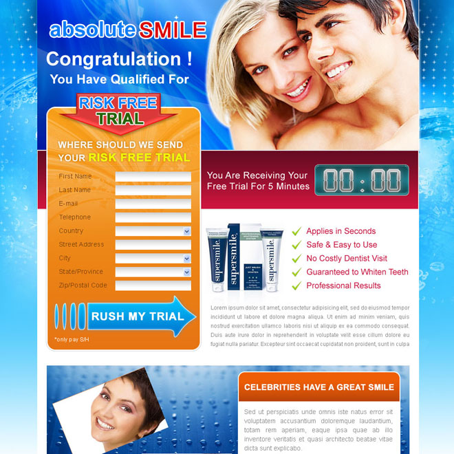 teeth whitening risk free trial lead capture landing page design template for sale Teeth Whitening example
