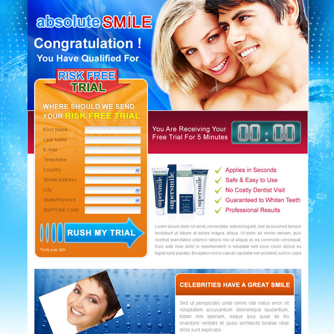 teeth whitening risk free trial lead capture landing page design template for sale