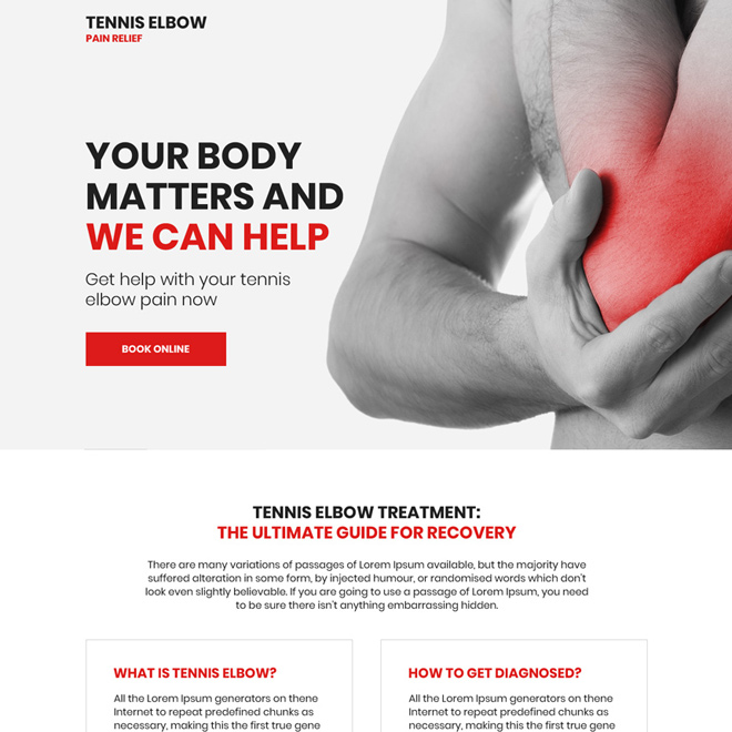 tennis elbow pain relief responsive landing page Pain Relief example