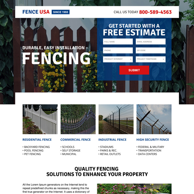 responsive american fencing company landing page design