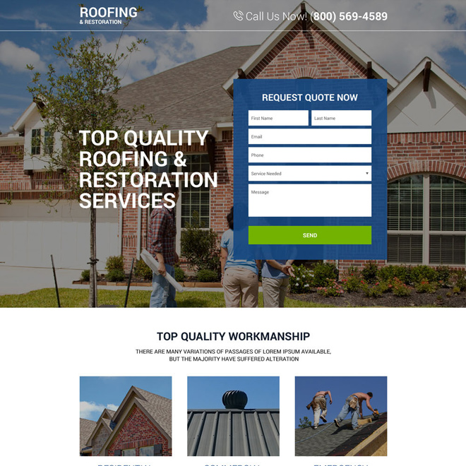 top quality roofing and restoration responsive landing page Roofing example