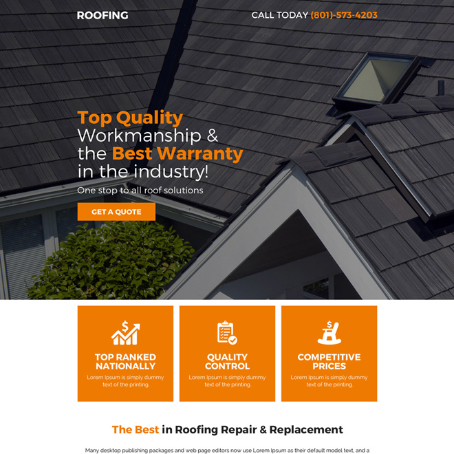 quality roofing service responsive pay per click landing page Roofing example