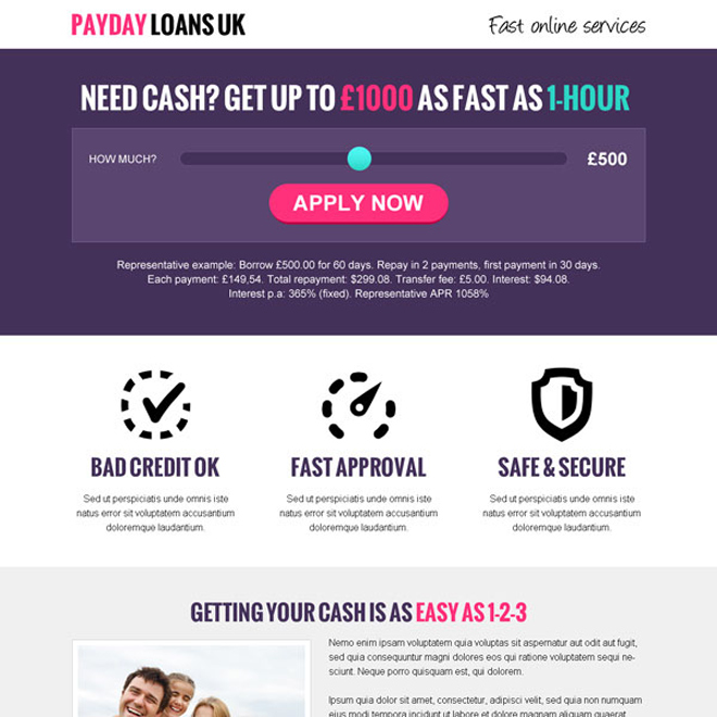 payday loan uk single slider conversion centered responsive landing page design Payday Loan example