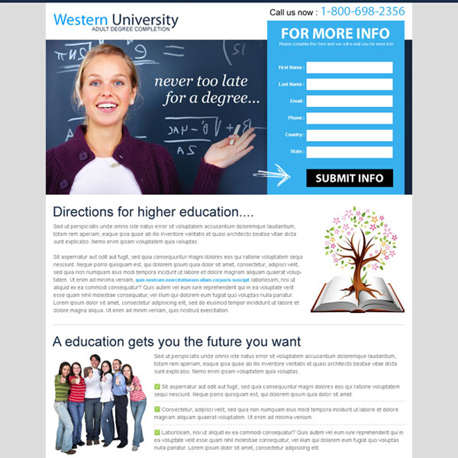 never too late for a degree lead capture effective landing page Education example