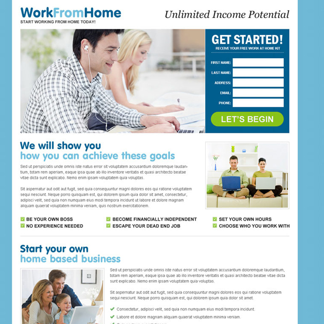 unlimited income by doing work from home opportunity lead capture landing page design template