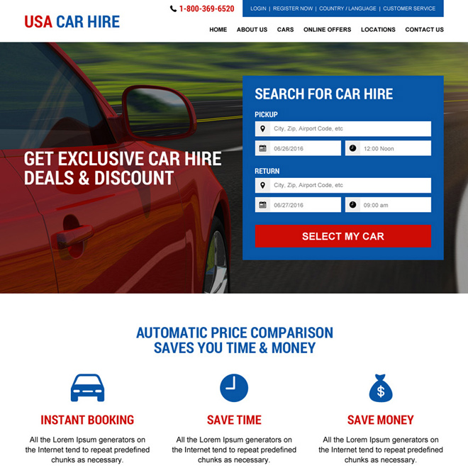 USA car hire services responsive website design