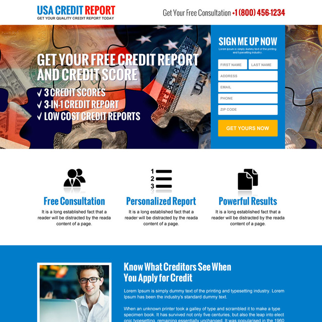 responsive quality credit report sign up capturing landing page Credit Report example