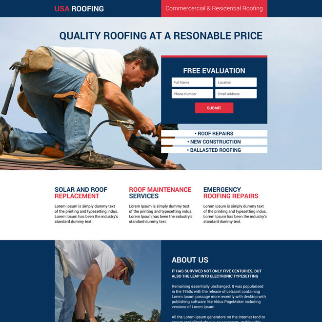 responsive usa roofing and construction landing page design