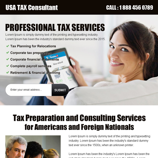 usa tax consultant lead gen ppv landing page design template Tax example