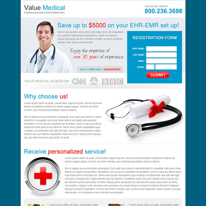 value medical service registration lead capture landing page design Medical example