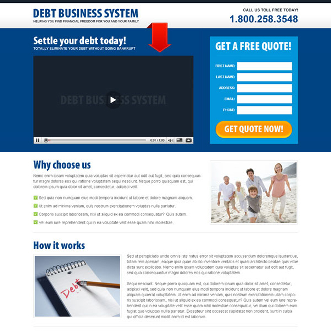 video landing page design for debt business system Debt example