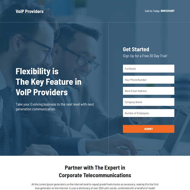 VoIP provider lead capture responsive landing page design Business example