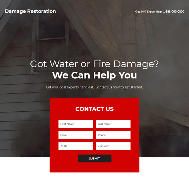 damage restoration services responsive landing page design Damage Restoration example