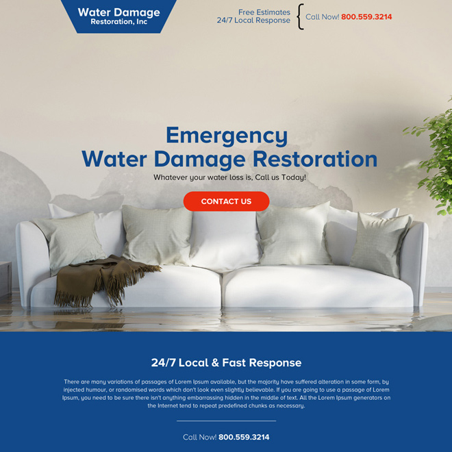 water damage restoration service responsive landing page Damage Restoration example