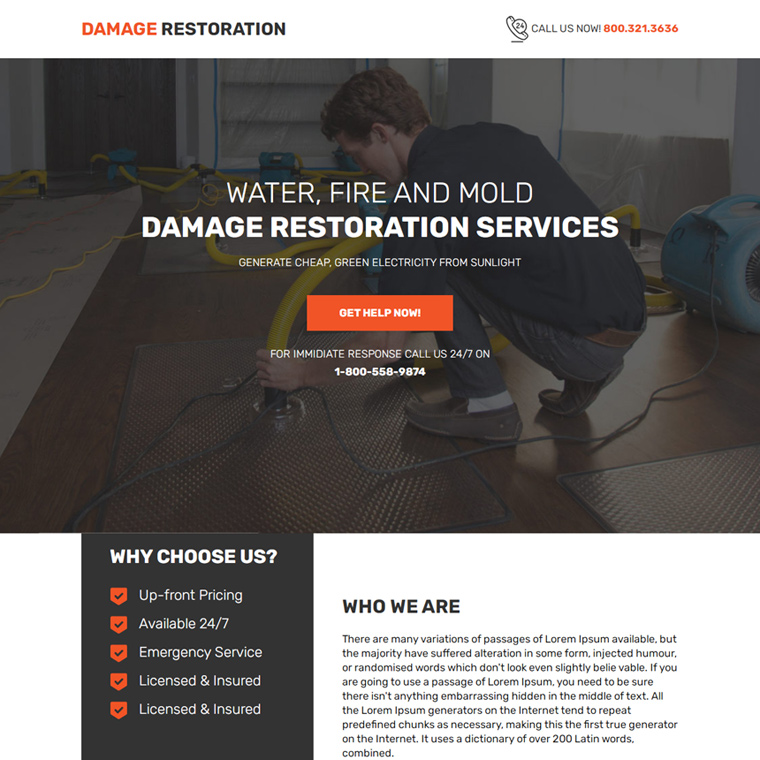 emergency damage restoration service lead capture landing page Damage Restoration example