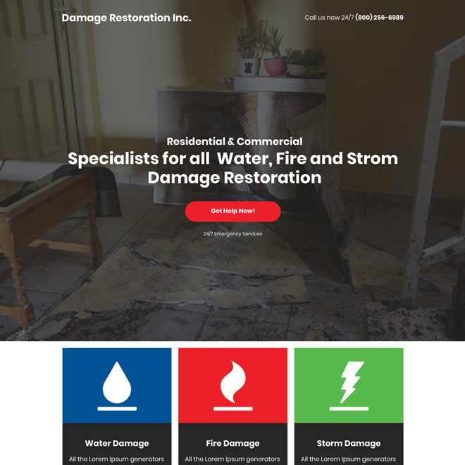 water fire storm damage restoration responsive landing page Damage Restoration example