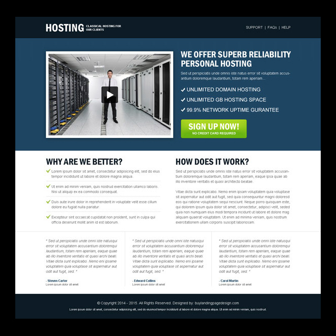 reliability personal hosting call to action clean and user friendly landing page design