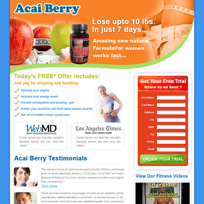 creative acai berry trial lead generating weight loss landing page design for sale