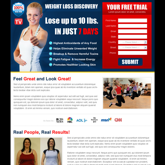 weight loss product free trial landing page design templates