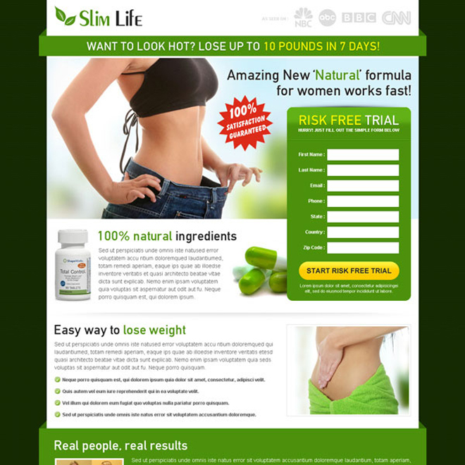 slim life weight loss product lead capture converting landing page design