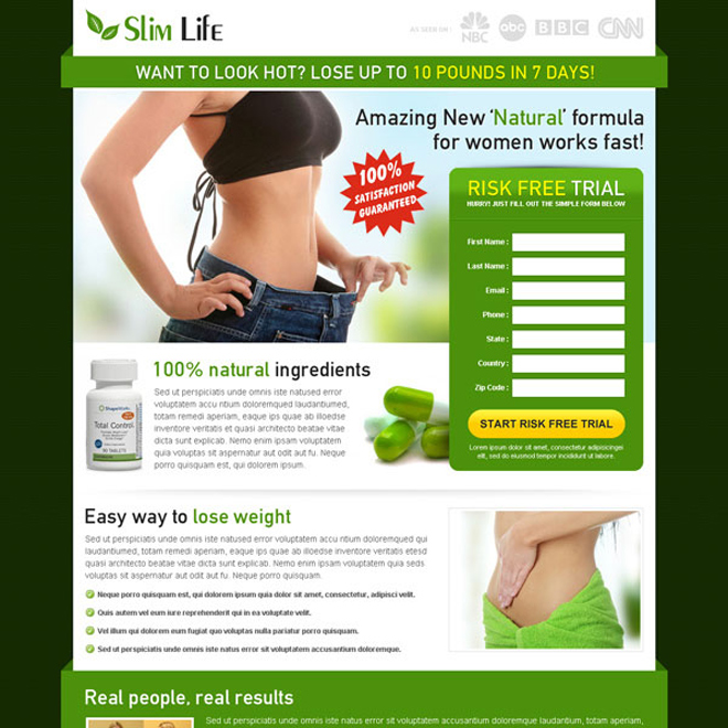 slim life weight loss product lead capture converting landing page design Weight Loss example