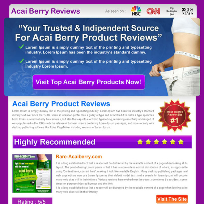 acai berry top 3 product review html landing page design Review Type example