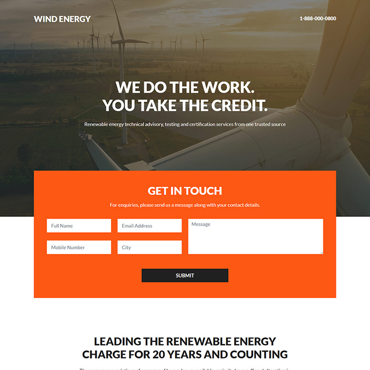 wind energy company responsive landing page design Business example