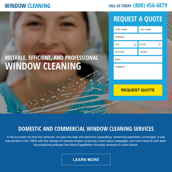 Professional And Converting Cleaning Service Landing Page Designs Domestic And Commercial Window Cleaning Service Landing Page Services Example
