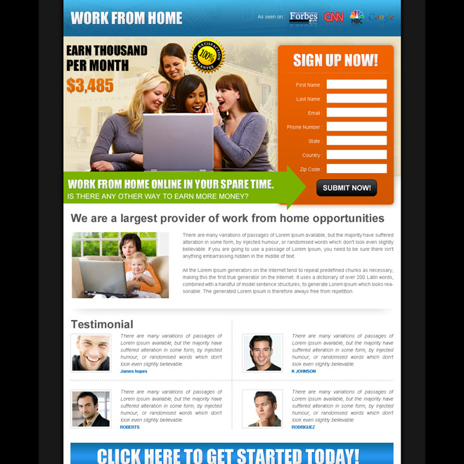 work from home in your spare time converting squeeze page design