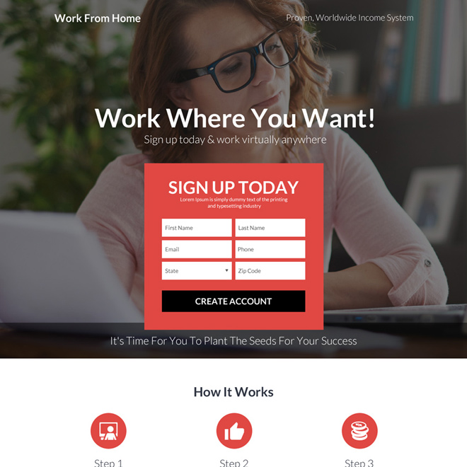 work from home sign up capturing bootstrap landing page Work from Home example