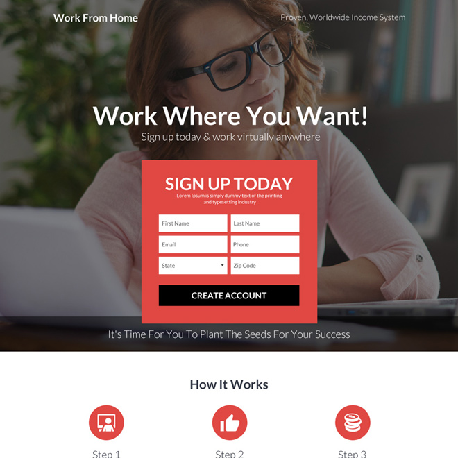 work from home sign up capturing bootstrap landing page