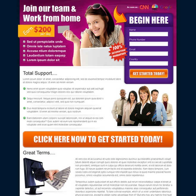 beautiful work from home business converting landing page design