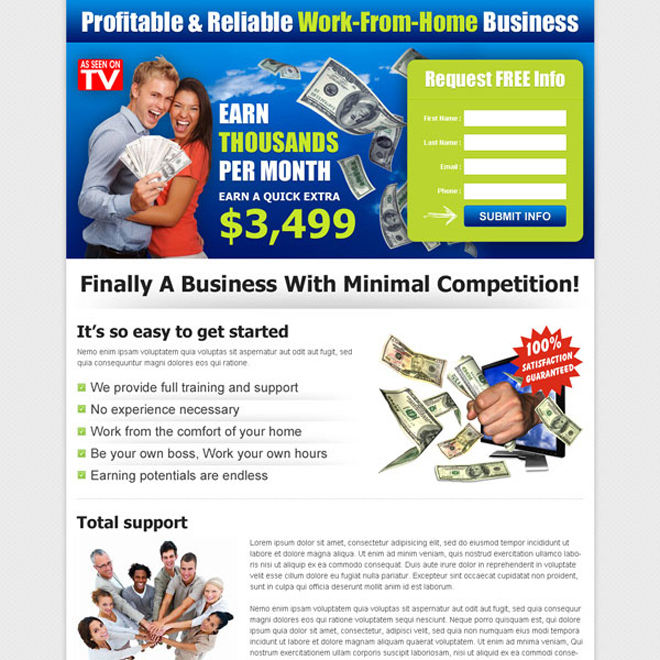 profitable and reliable work from home business converting landing page Work from Home example