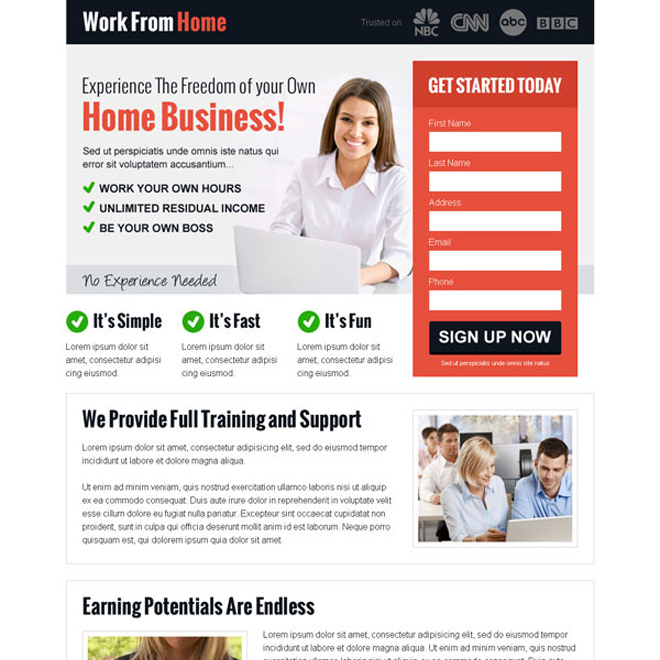 experience the freedom of your own home business lead capture landing page design