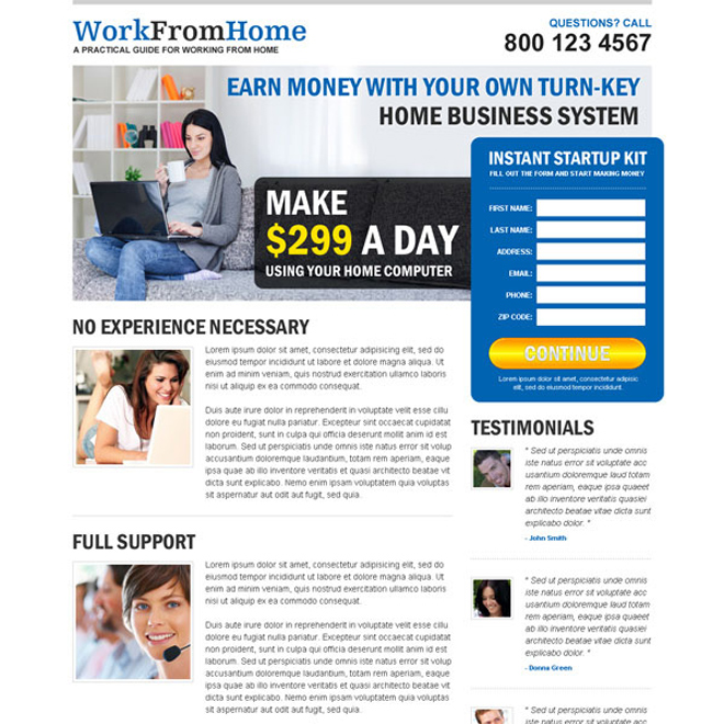 earn money with your own home business system attractive and converting squeeze page design