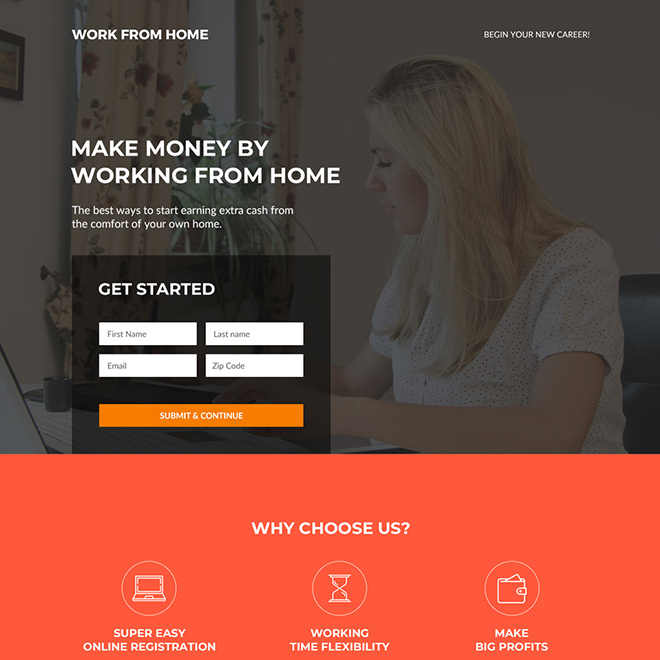 work from home business responsive landing page design Work from Home example