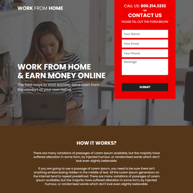 work from home business lead capture landing page Work from Home example