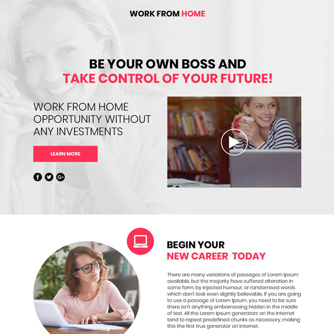 work from home lead funnel video responsive landing page Work from Home example