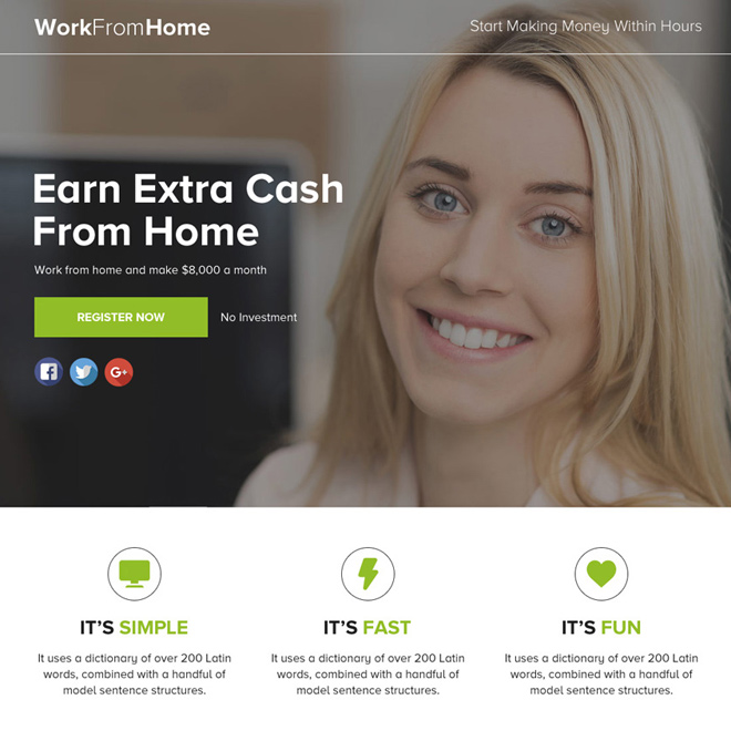 work from home lead funnel responsive landing page design Work from Home example