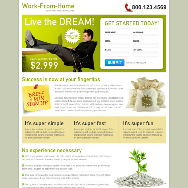 work from home 2 column clean and converting squeeze page design Work from Home example
