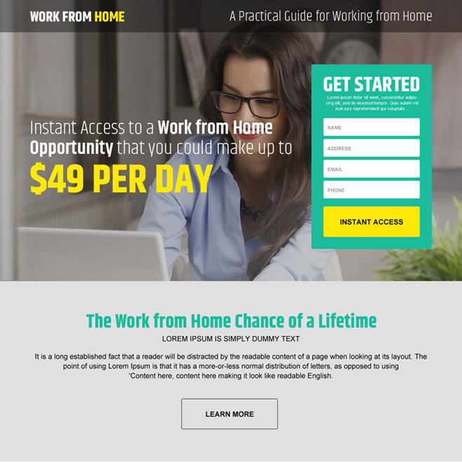 work from home opportunity modern responsive landing page design template