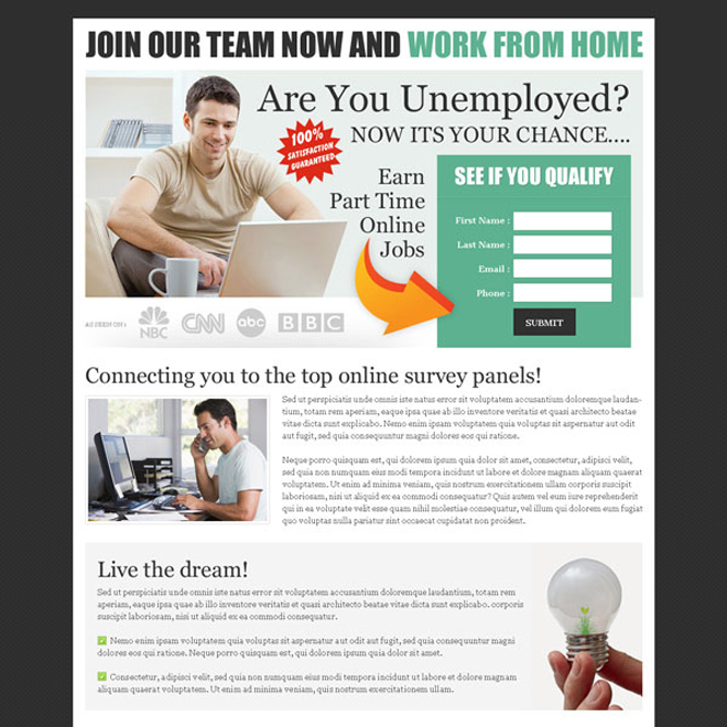 earn part time from online jobs most effective and converting landing page Work from Home example