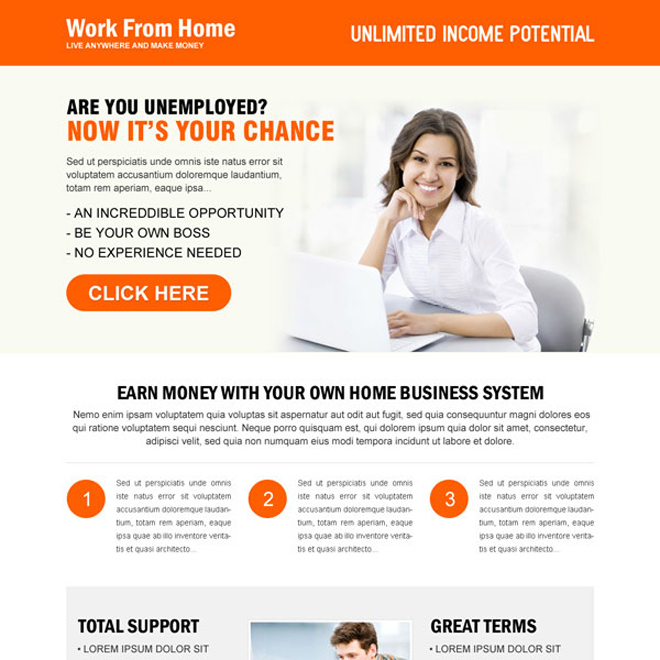 work from home clean responsive landing page design template Work from Home example