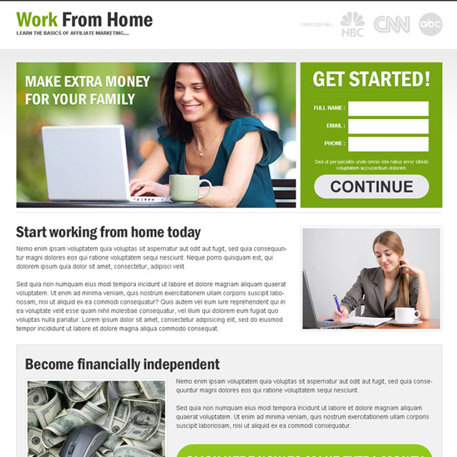 work from home to earn extra money lead capture responsive and converting landing page design template Work from Home example