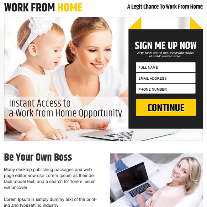 work from home sign up capturing ppv landing page design Work from Home example