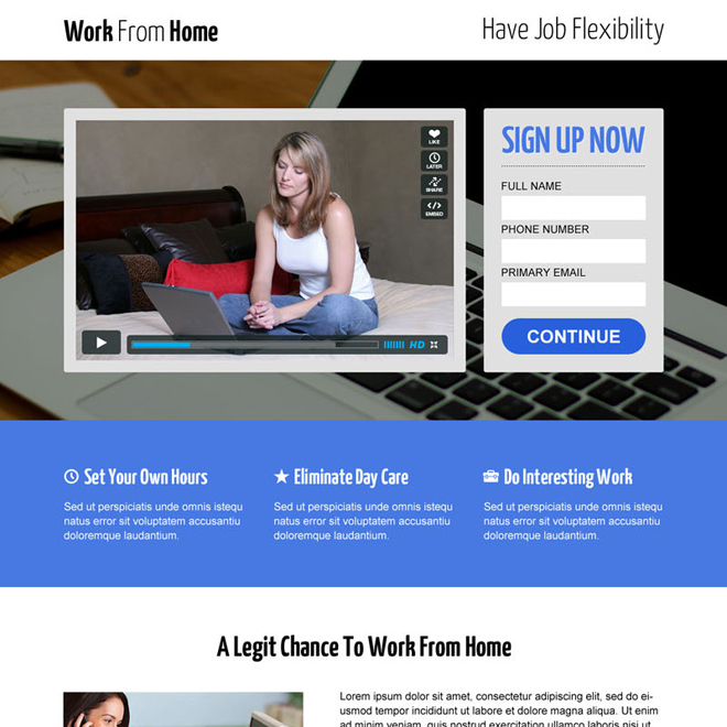 work from home video lead capture responsive landing page design template Work from Home example