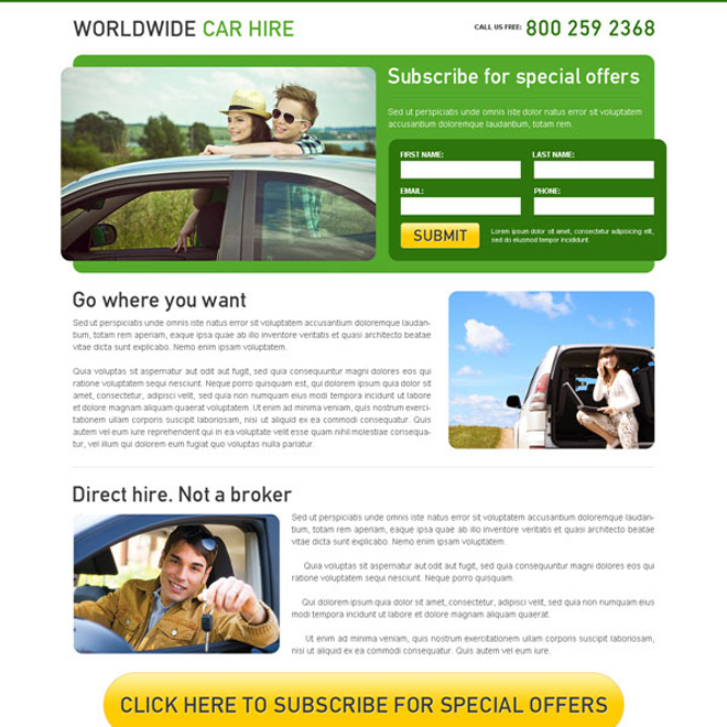 worldwide car hire clean and effective lead capture squeeze page design Car Hire and Car Rental example