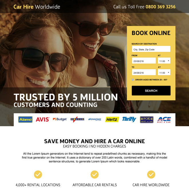 car hire searching responsive landing page design