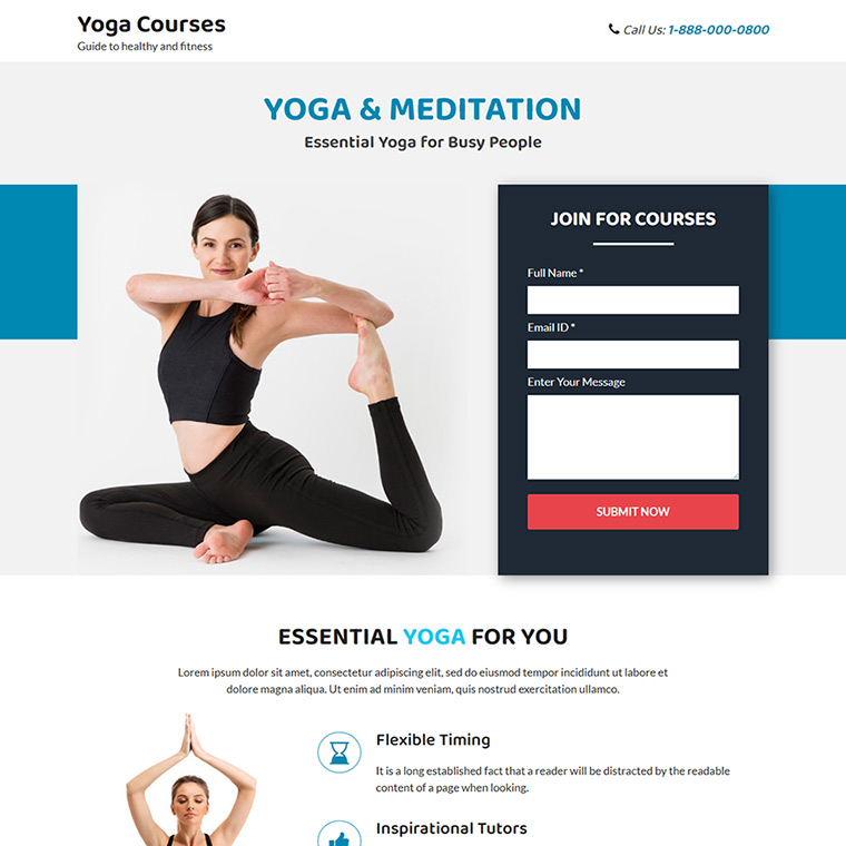 yoga and meditation classes lead capture responsive landing page Health and Fitness example